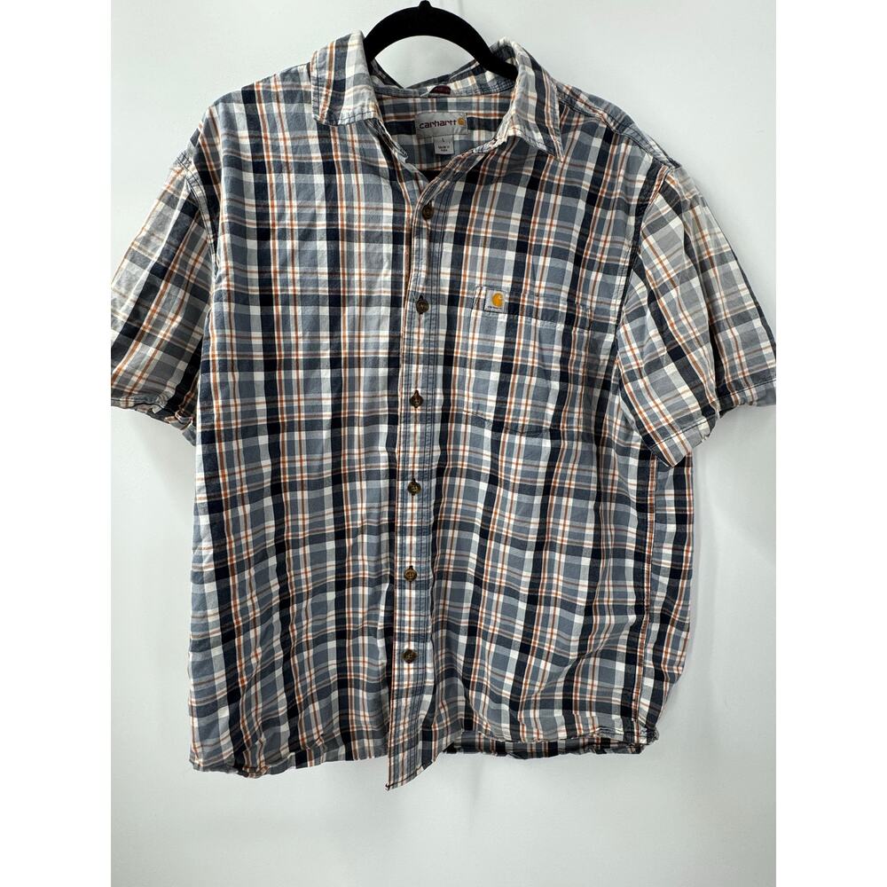 Carhartt Men's L Large Plaid Shirt‎ Gray Orange Cotton Button-Up Short Sleeve
